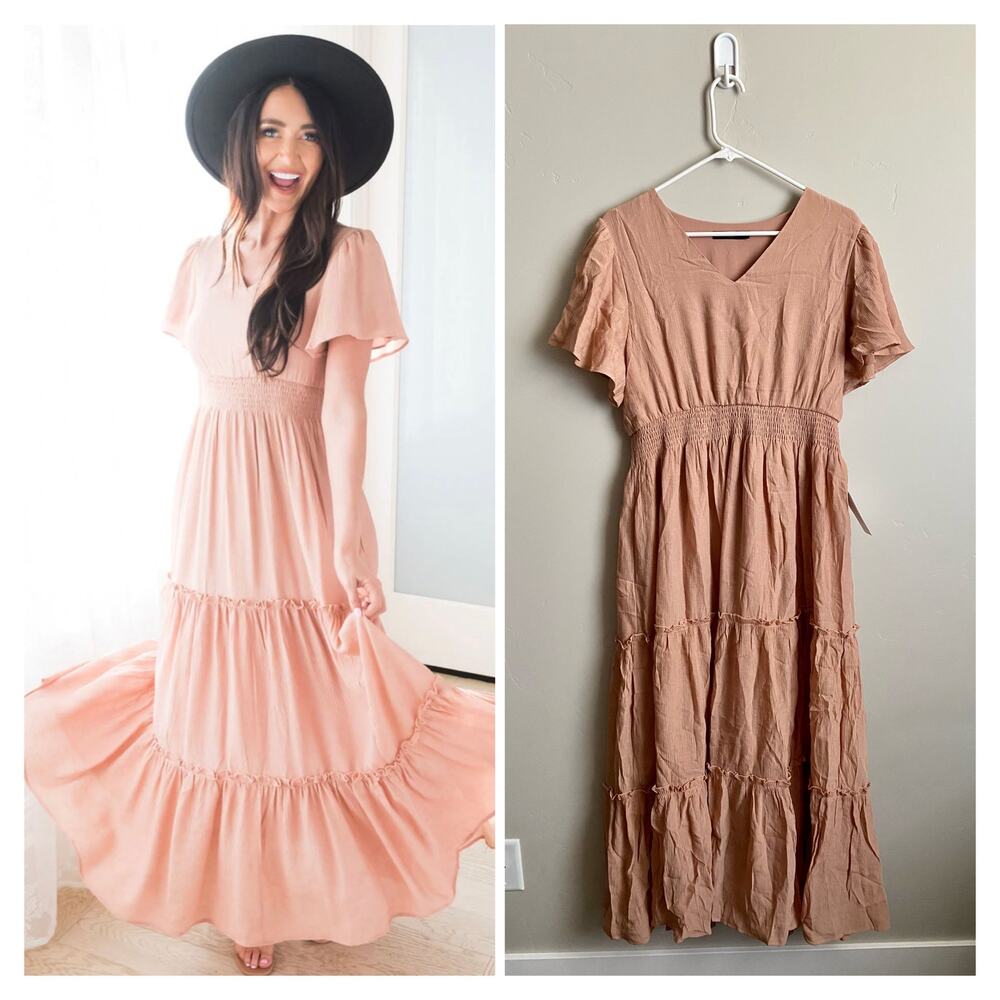 Mikarose Apricot Flutter Sleeve Boho Whimsical Tiered V-Neck Maxi Dress Sz L NWT - Picture 4 of 12